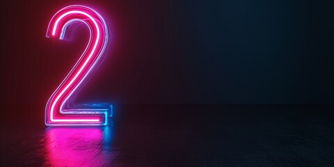 3d neon light number two glowing in the dark, pink blue neon light digital number 2, copy space.