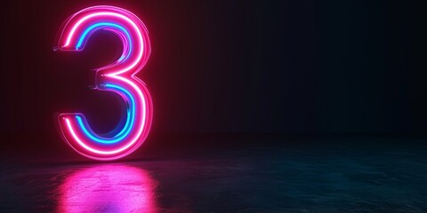 3d neon light number three glowing in the dark, pink blue neon light digital number 3, copy space.