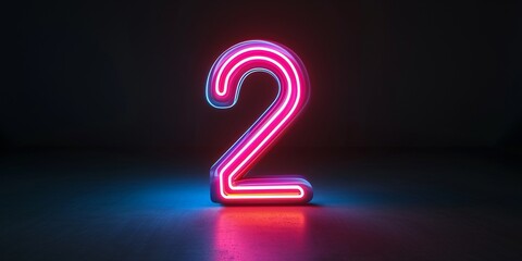 3d neon light number two glowing in the dark, pink blue neon light digital number 2, copy space.