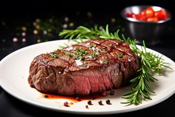 Grilled beef steak with rosemary and spices on a black background