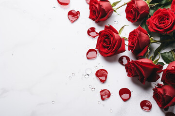 Red roses and water drops on a white background. Valentines day background