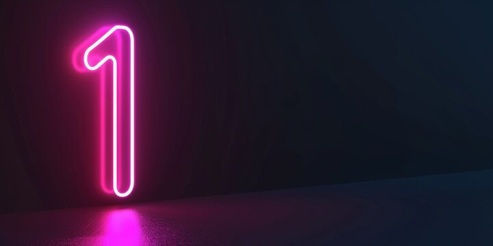 3d neon light number one glowing in the dark, pink blue neon light digital number 1, copy space.