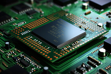 Obraz premium Close-up of electronic circuit board with processor. Technology background.