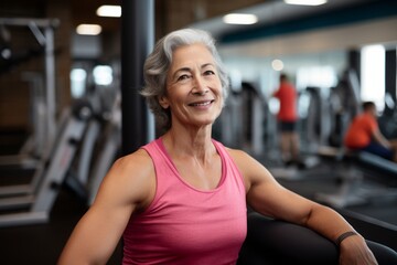 Fototapeta na wymiar Portrait of a satisfied mature woman practicing weight bench in a gym. With generative AI technology