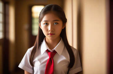 Portrait of asian girl in school uniform wearing white shirt and red tie at school - obrazy, fototapety, plakaty