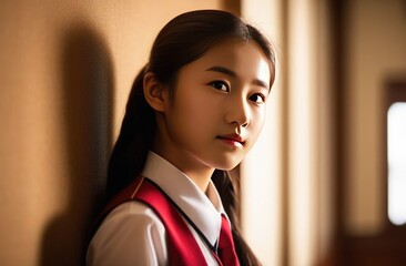 Portrait of asian girl in school uniform wearing white shirt and red tie at school - obrazy, fototapety, plakaty