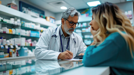 Pharmacist in a white coat and glasses having a consultation with a female patient in a pharmacy, holding a digital tablet and discussing her medical needs. - obrazy, fototapety, plakaty
