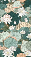 Poster Im Rahmen A tranquil lotus pond is depicted in a flat illustration with subdued green and ivory colors. The muted palette adds a sense of serenity to the scene, capturing the peaceful beauty of natural shapes. © tilialucida