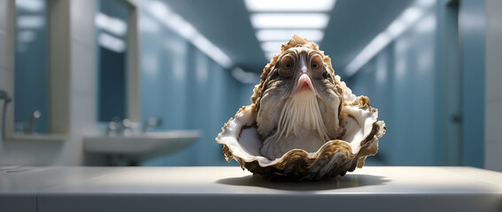 A humanoid oyster in a washroom. - obrazy, fototapety, plakaty