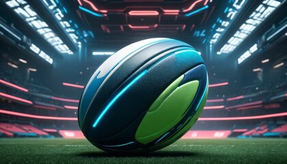 Futuristic rugby ball with neon lights in a digital arena.