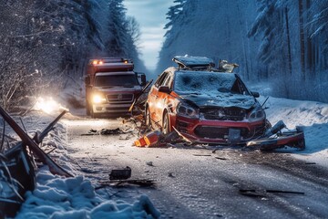 Car accident and broken car on the road with ice and snow in the winter forest at night. Car accident on the road. The concept of car insurance. - obrazy, fototapety, plakaty