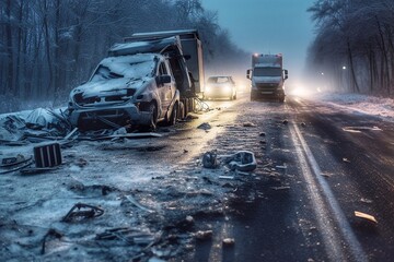 Car accident on the road in winter in the dark and fog. Car accident on the road