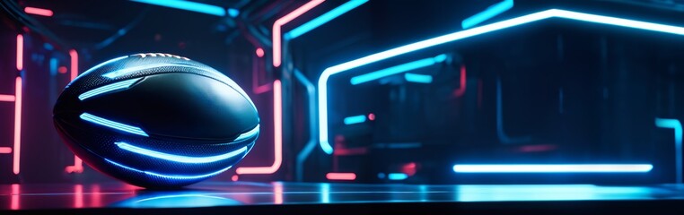 Futuristic rugby ball with neon lights in a digital arena.