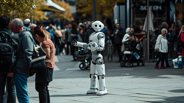 A robot performing as a mime artist in a city square interacting with amused passersby.
