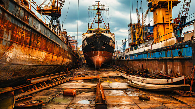 Nautical Repair Yard: Old Vessels and Boats in a Shipyard for Maintenance and Restoration