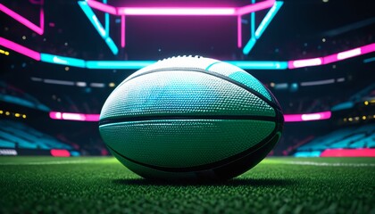 Futuristic rugby ball with neon lights in a digital arena.