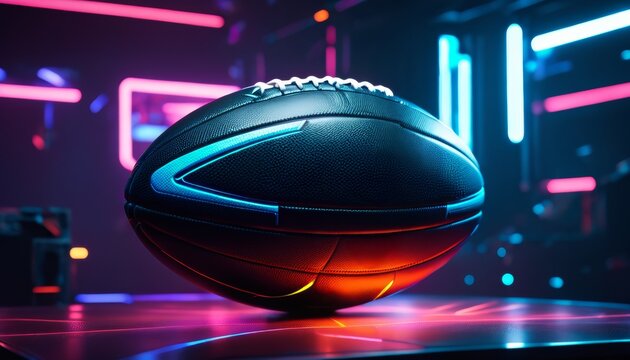 Futuristic rugby ball with neon lights in a digital arena. - Powered by Adobe