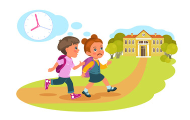Fototapeta premium Schoolboy and girl run to school because they are late for class. Happy young pupils hurry. Cute children rushing to lessons. Kids with backpack. Cartoon flat isolated vector concept