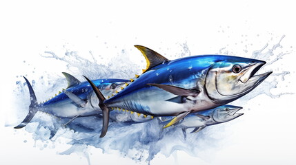 Bluefin Tuna fish in water splashes isolated on white background. AI Generative.