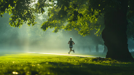 A runner sprinting on a misty morning through a lush green park. - obrazy, fototapety, plakaty
