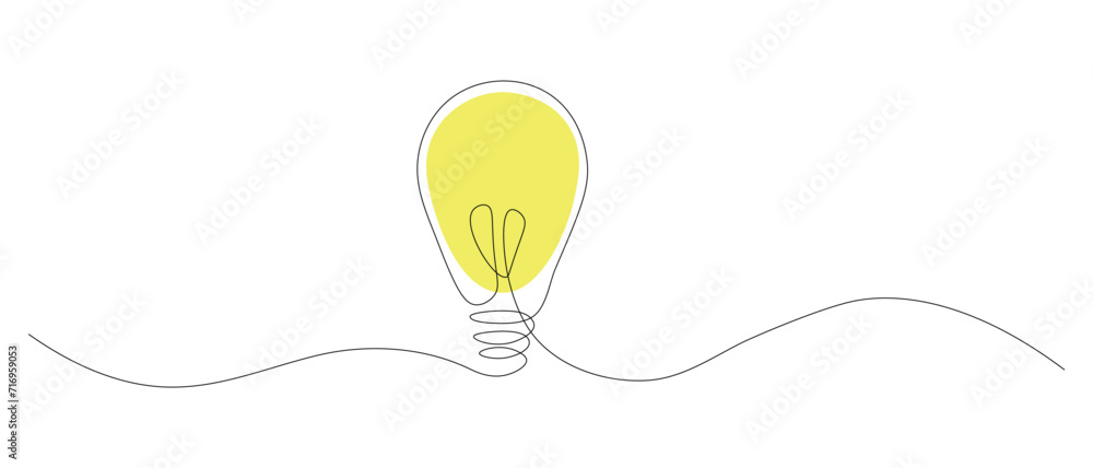 Poster drawing with one line, one continuous drawing with a cute simple lamp black line yaellow light. line