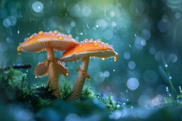 Magical mushrooms in forest, enchanting nature scene with sparkling bokeh lights