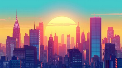 Sunset or sunrise Modern city skyscrapers panorama of tall buildings, urban background. Pop art...