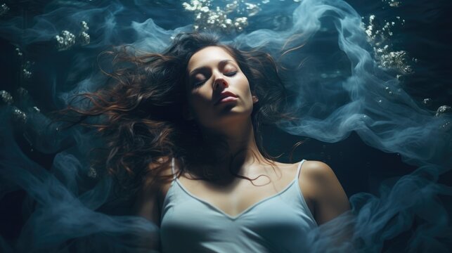 Woman underwater. Depression, insomnia and problems concept.