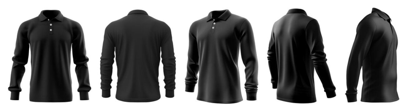 Set of black front, back and side view collar polo tee shirt on transparent background cutout, PNG file. Mockup template for artwork graphic design. 
