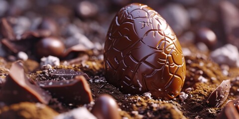 A chocolate egg sits atop a delicious pile of chocolate. Perfect for Easter or indulgent dessert designs - obrazy, fototapety, plakaty