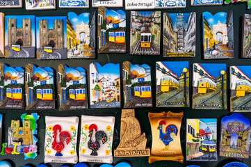 Mosaic of colorful magnets of the city of Lisbon for sale, Portugal, Europe