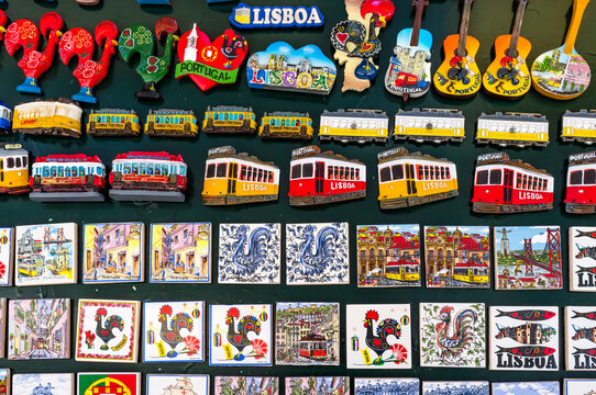 Mosaic of colorful magnets of the city of Lisbon for sale, Portugal, Europe