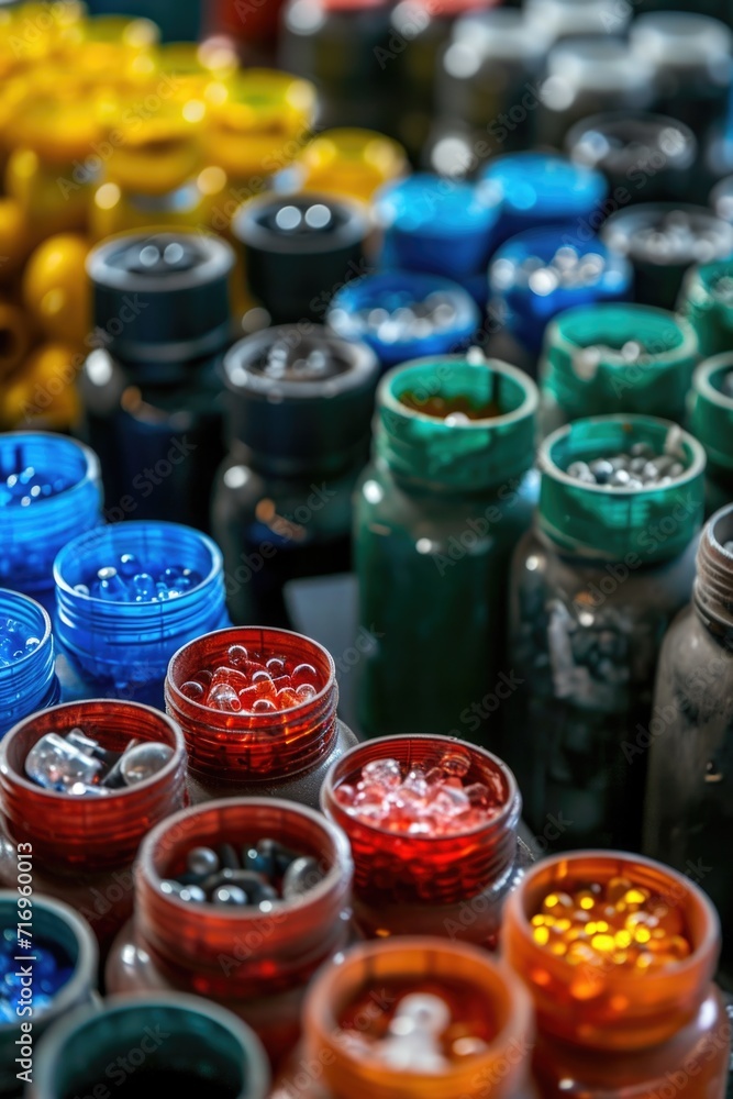 Poster various colored jars arranged on a table. can be used for home decor or diy projects