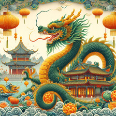 Obraz premium Graphic image of the green Dragon symbol of the New Year according to the Chinese calendar. AI generated
