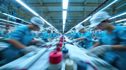 Generative AI, asian textile sewing factory with many workers, motion blurred photo