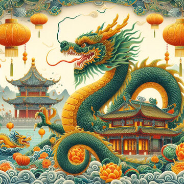 Graphic image of the green Dragon symbol of the New Year according to the Chinese calendar. AI generated