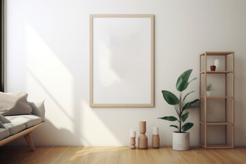Mockup of a wooden photo frame in modern interior, lively mockup
