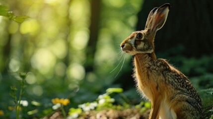 Obraz premium A rabbit sits calmly in the middle of a lush forest. This image can be used to depict the beauty of nature and wildlife
