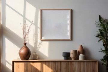 Mockup of a wooden photo frame in modern interior, lively mockup