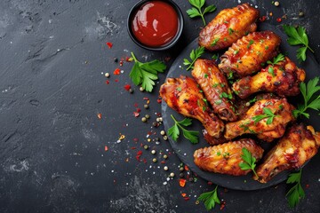 crispy chicken wings with sauce and empty text space foe banner