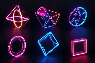 3d render, collection of simple geometric elements. Set of neon icons isolated on black background. Glowing abstract shapes clip art