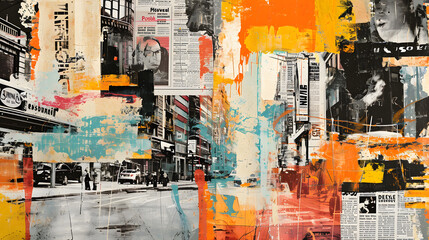 A socially conscious collage featuring newspaper clippings and urban imagery reflecting on modern societal issues.
