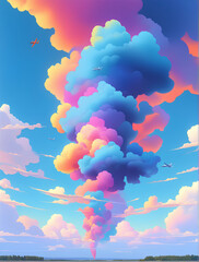 Illustration, multicolored clouds of smoke, clouds in the sky, among airplanes