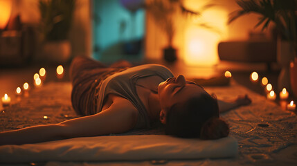 A soothing yoga nidra session in a dimly lit comfortable studio.