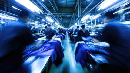Fotobehang Generative AI, asian textile sewing factory with many workers, motion blurred photo © Rymma
