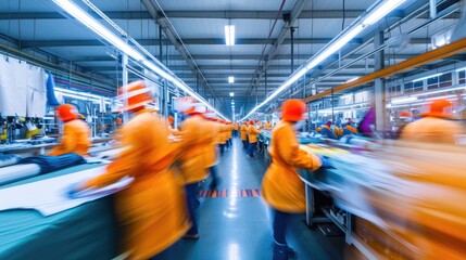 Generative AI, asian textile sewing factory with many workers, motion blurred photo