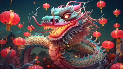 Fototapeta premium 3D Dragon Illustration with Lanterns. 2024 Year of the Dragon. Chinese New Year Illustration