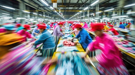Naklejka premium Generative AI, asian textile sewing factory with many workers, motion blurred photo