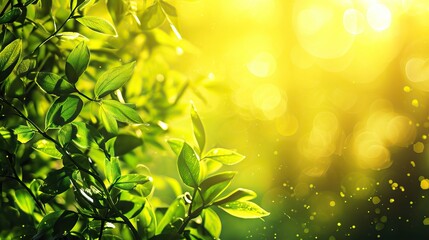 Spring background, green tree leaves on blurred background. AI generated illustration