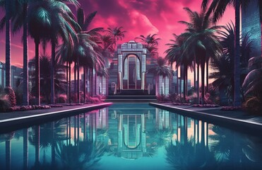  An illustrated landscape with a surreal neon sunset, palm trees, and a reflective pool leading to a classical structure.
